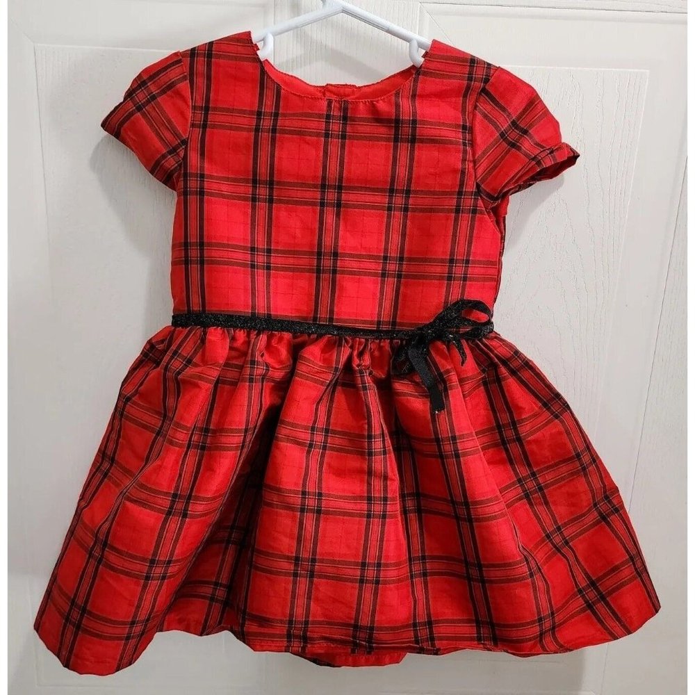 Carters Baby Girls Short Sleeve Dress Plaid Red Black Belt Holiday Size 24 Month